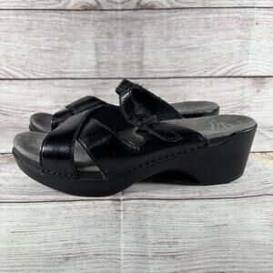 Dansko Womens 38 7.5-8 Sandals Sela Black Patent Leather Slide Wedge Open Toe